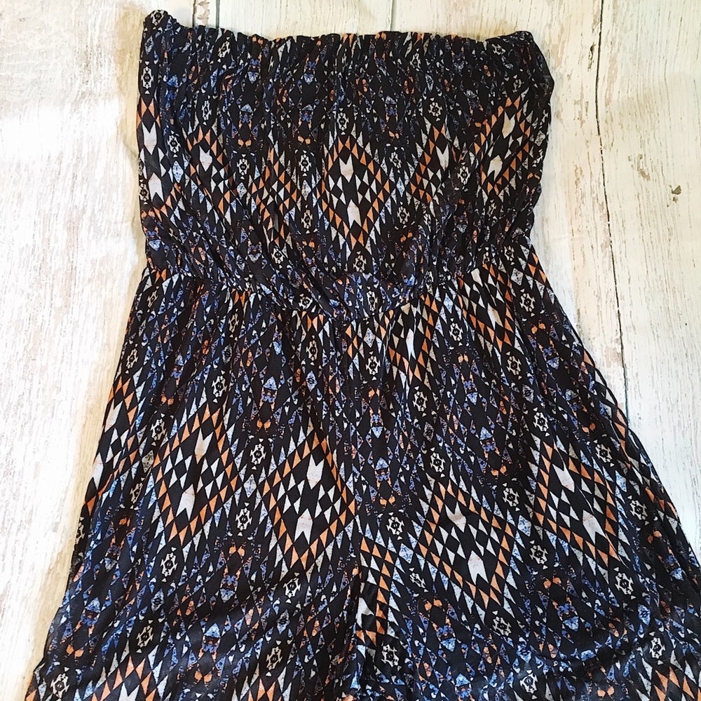 Blue & orange strapless aztec jumpsuit